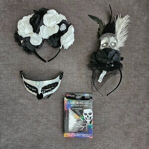 Women's Halloween Costume Skull Headband Veil, Stencil Kit, Eye Mask Pack of 4